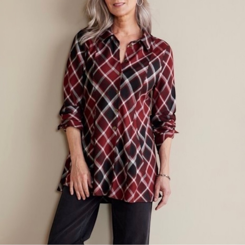 SOFT SURROUNDINGS Top Shirt Blouse Button Down Plaid Tunic Wool Blend Women’s
